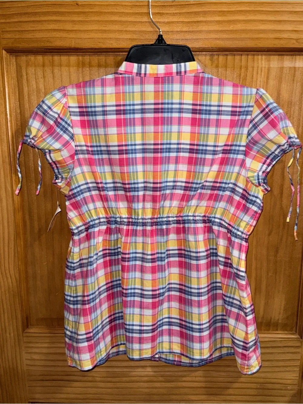 Ralph Lauren Pink Yellow Blue Plaid Ruffle Front Short Sleeve Blouse